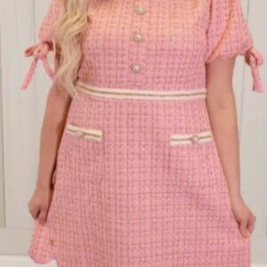 Simply Southern Pink & Gold Tweed Scalloped Dress with Pearl Accents
